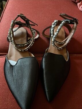 Black Pointed Jeweled Ankle-Strap Flats